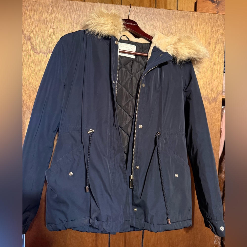 Zara Black Quilted Jacket lightweight with Tan Lining Size XS